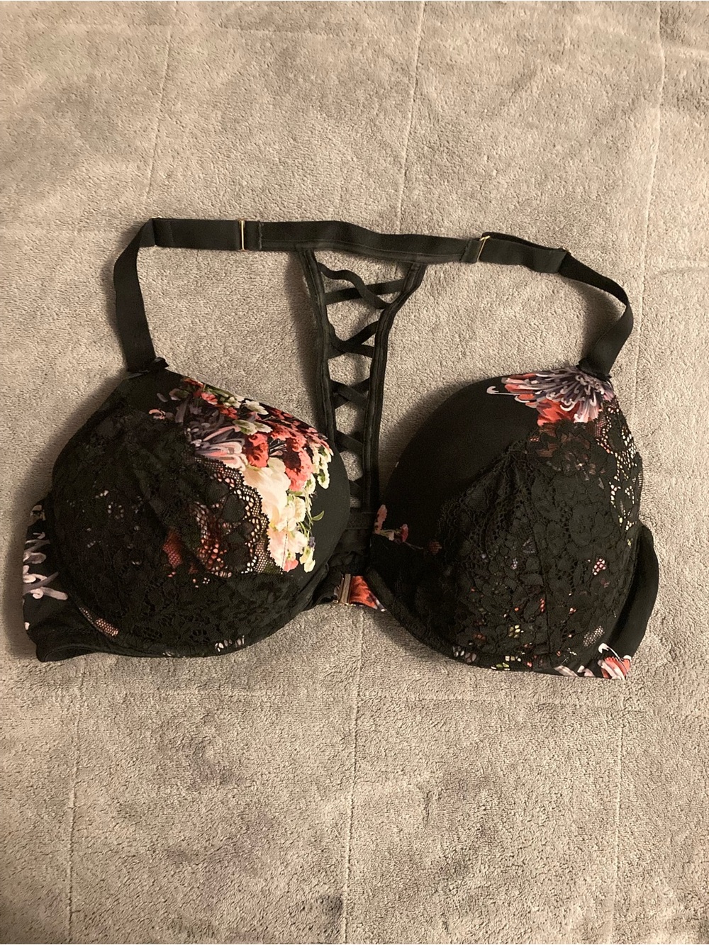Black Floral Lace Boost/Plunge Bra with Strappy Back 42DD